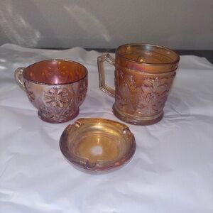 Carnival Glass Amber Iridescent Mug, tea cup & Ashtray. Marigold Imperial